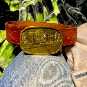 Bts solid brass belt buckle depicting a forest